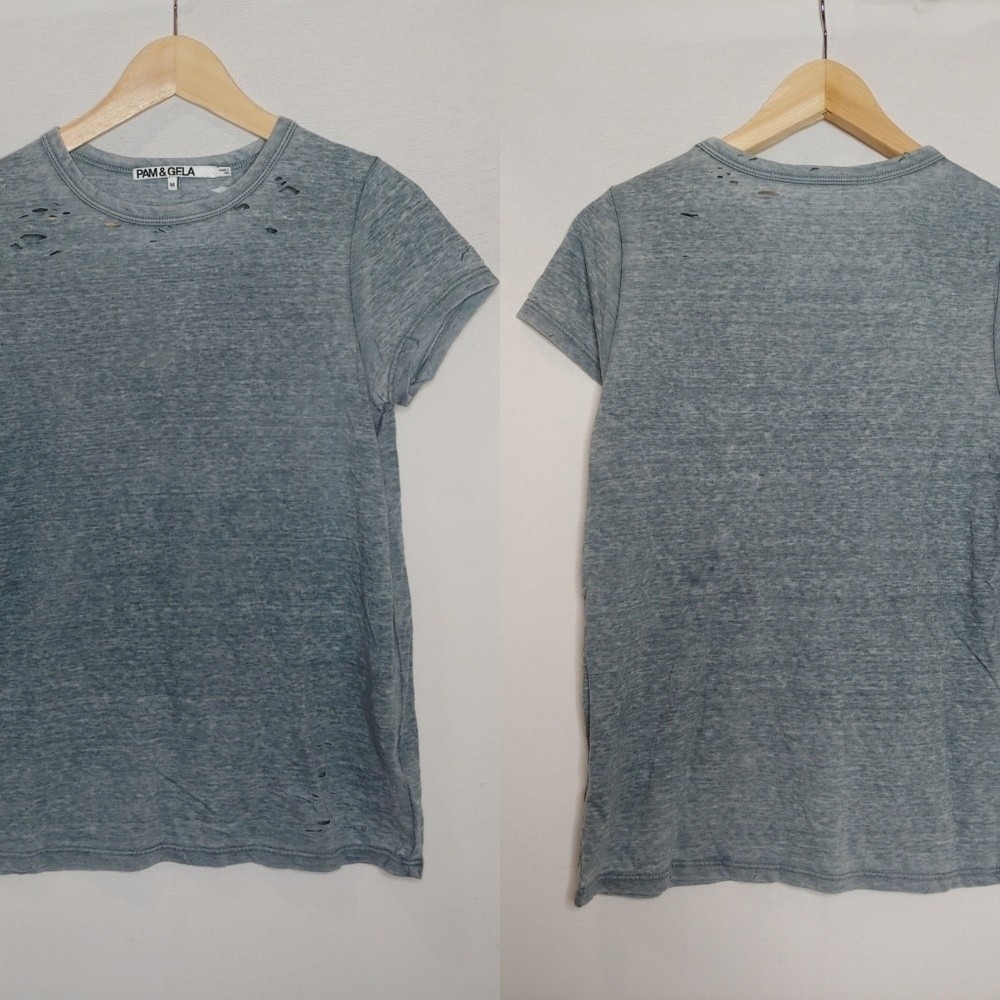 Pam & Gela Distressed Burnout Short Sleeve Tee Shirt Cotton Blend Gray Blue M